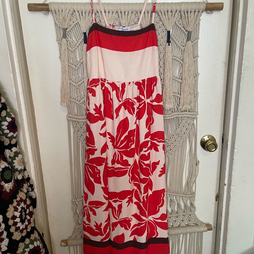 Le Ragazze Made in Italy sleeveless maxi dress red floral linen blend size L